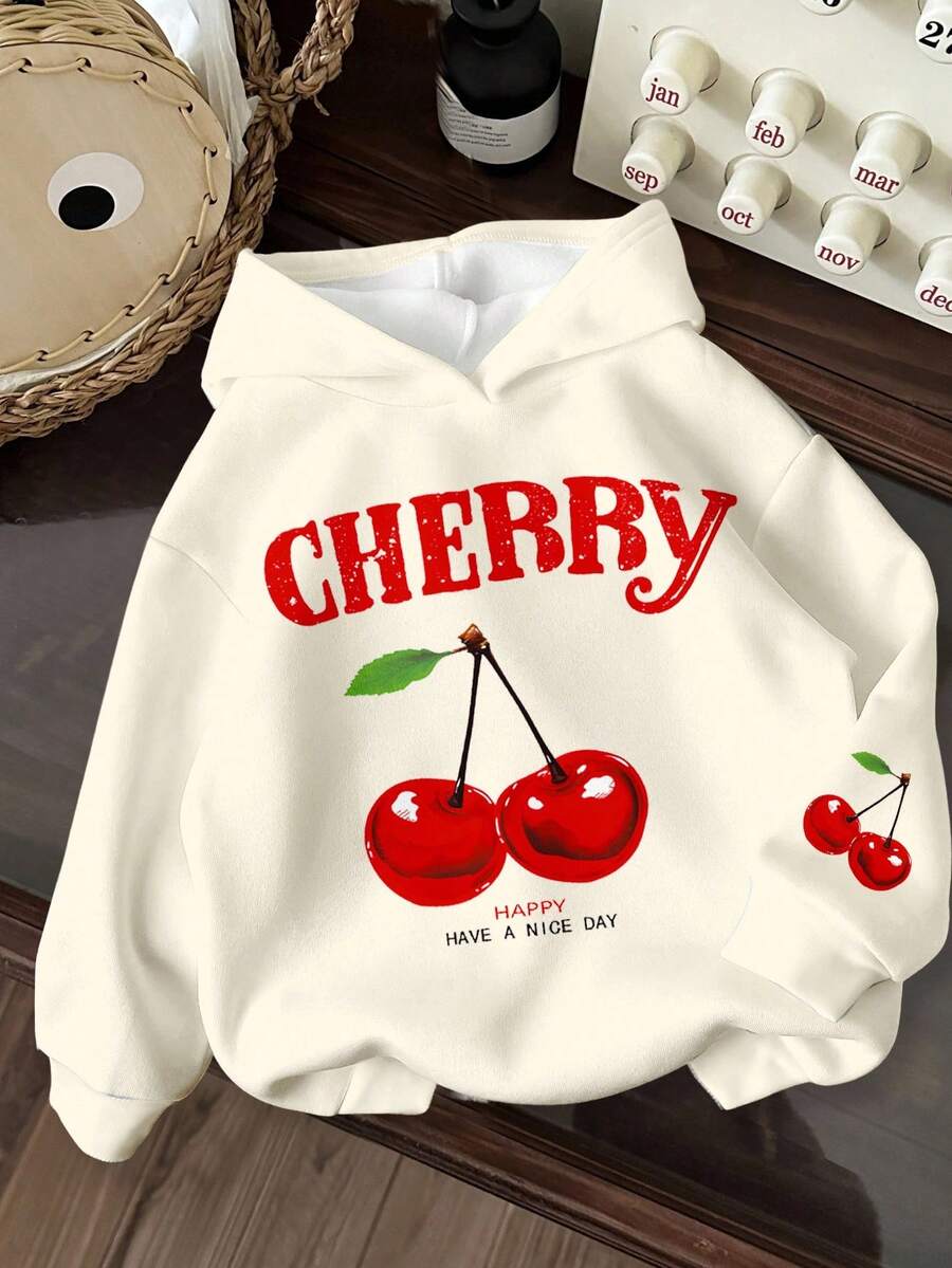 SHEIN Leap Crew 少女復古櫻桃印花奶油白休閒寬鬆冬季運動衫,可愛米色開學季秋季舒適長袖上衣 - 彩色 - 查看 1