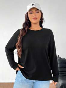 SHEIN EZwear Plus Size Women's Solid Color Round Neck Loose Long Sleeve Casual T-Shirt, Spring/Summer - Black - View 4