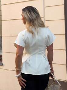 Jeta Ari 女士优雅简约短袖衬衫，褶皱设计和腰带，复古风格杏色竹子纹理，适合通勤、度假、毕业、日常穿着 - 杏色 - 查看 3