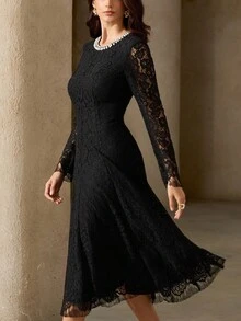 Aveloria Rosie Beaded Lace Trim Fitted Dress - Black - View 6