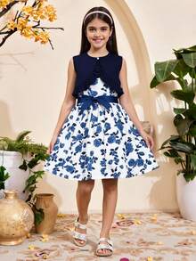 Tween Girl Floral Print Belted Dress & Ruffle Trim Coat,Holiday,Summer,Travel