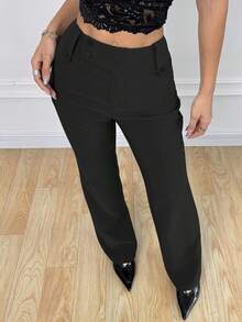 SHEIN EZwear 大码时尚办公室/通勤灰色喇叭裤 - 黑色 - 查看 1