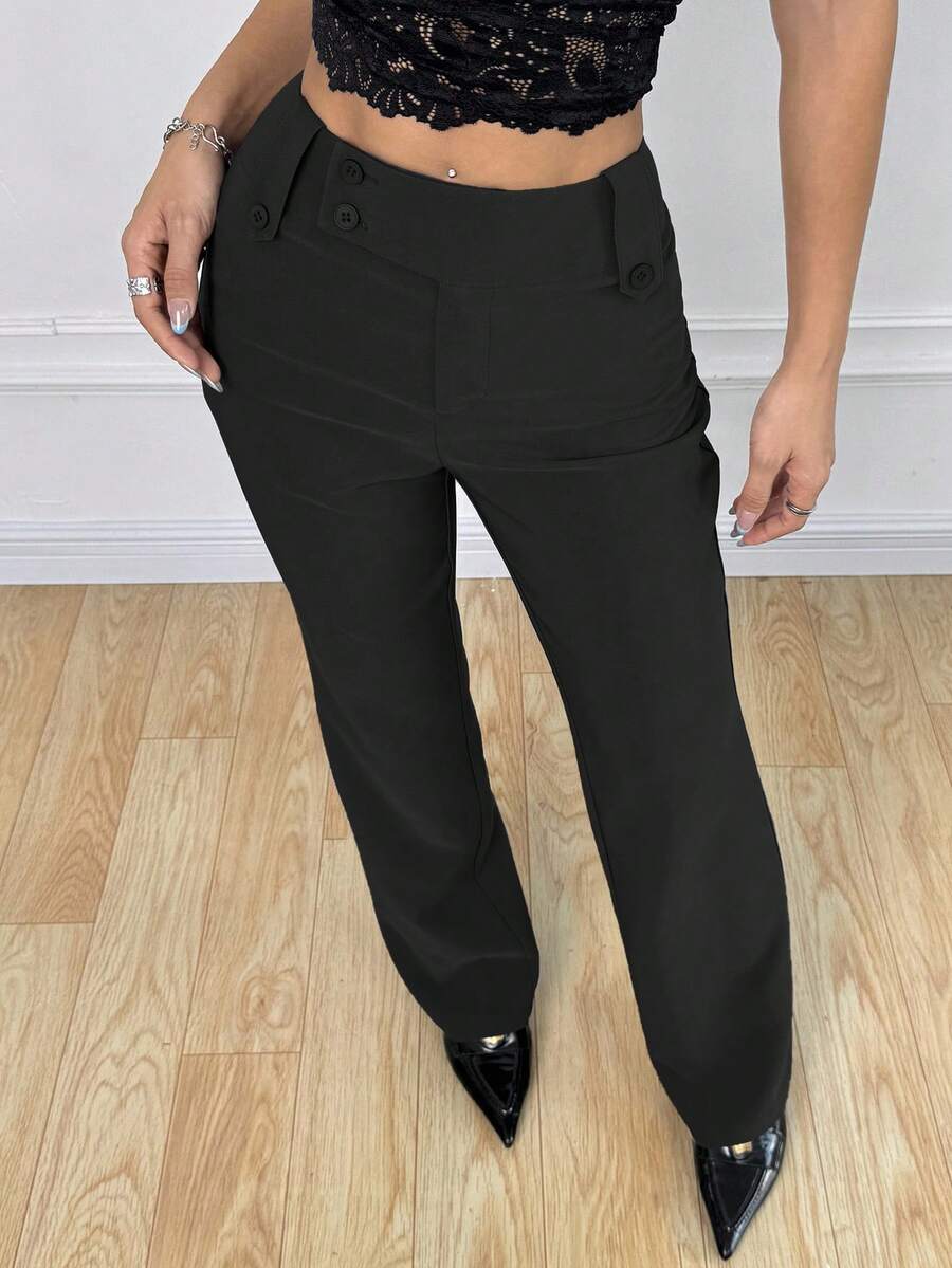 SHEIN EZwear 大码时尚办公室/通勤灰色喇叭裤 - 黑色 - 查看 1