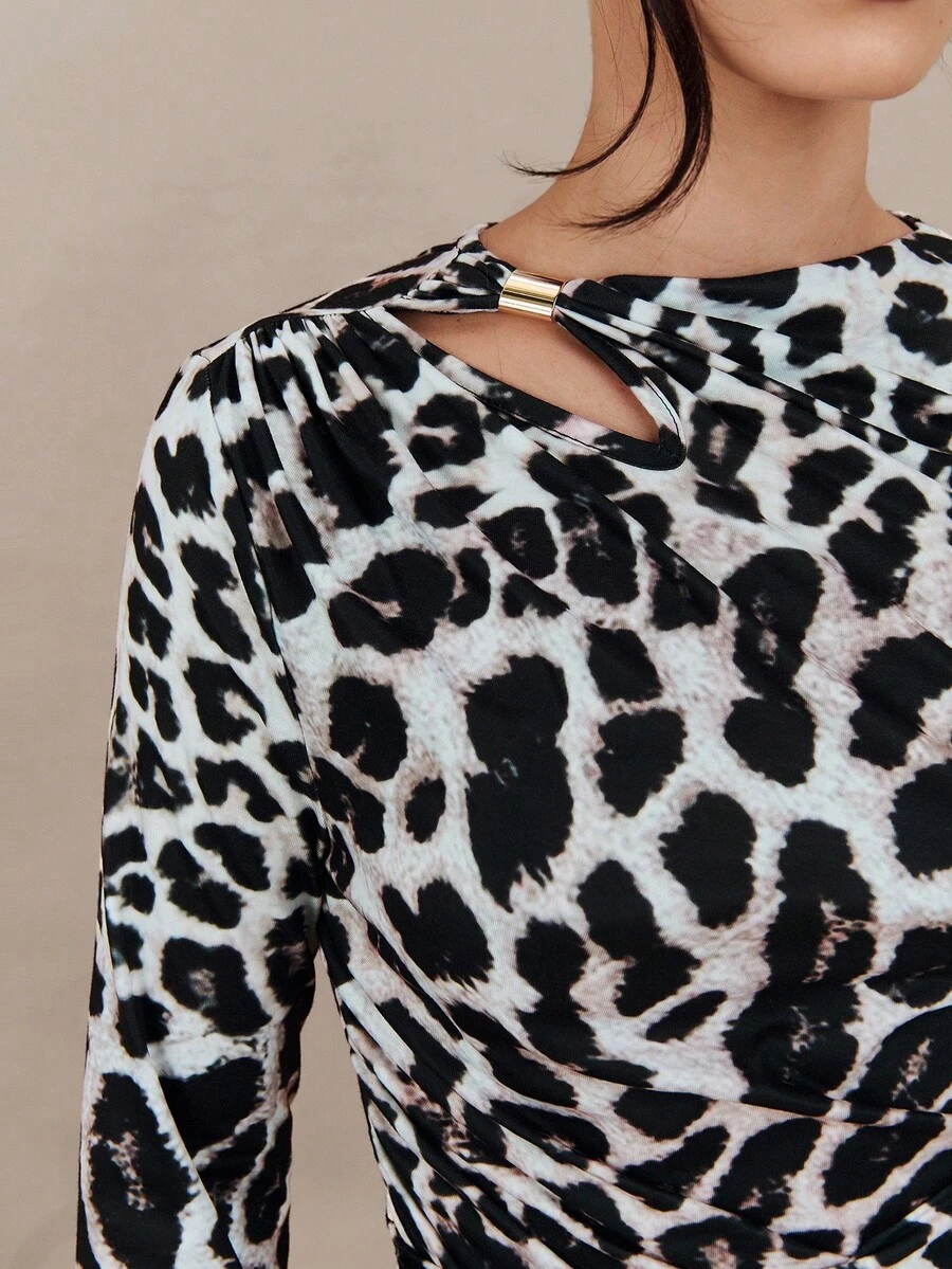 Modelyn Elegant Leopard Print Metal Buckle Dress For Women - Multicolor - View 1