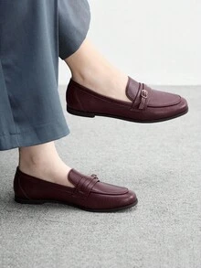 CUCCOO BIZCHIC 女士棕色皮革纹理金色装饰一脚蹬平底鞋 - 棕色 - 查看 3