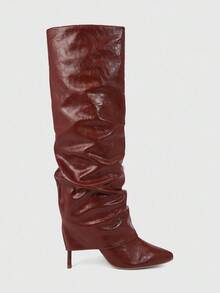 CUCCOO SZL Botas de tacón de aguja de punta fina para mujer, diseño de material de doble capa de PU marrón, moda minimalista cómoda para uso diario, fiesta, evento, con cremallera lateral y de fácil puesta