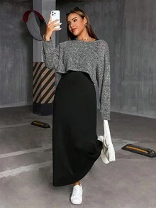 SHEIN Essnce 大码女装春秋季时尚休闲宽松舒适基础款日常灰色长袖露脐上衣和黑色马甲长裙两件套，春季服装，连衣裙套装，曲线套装 - 黑色 - 查看 1