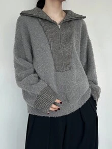 FRIFUL Women's High Neck Half-Zip Contrast Color Patchwork Loose Ribbed Knit Sweater, Warm & Thick - Grey - View 4
