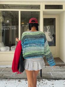 SHEIN EZwear Áo len xanh đơn giản thường ngày dành cho nữ, thời trang Thu/Đông - Màu xanh lam - Xem 2