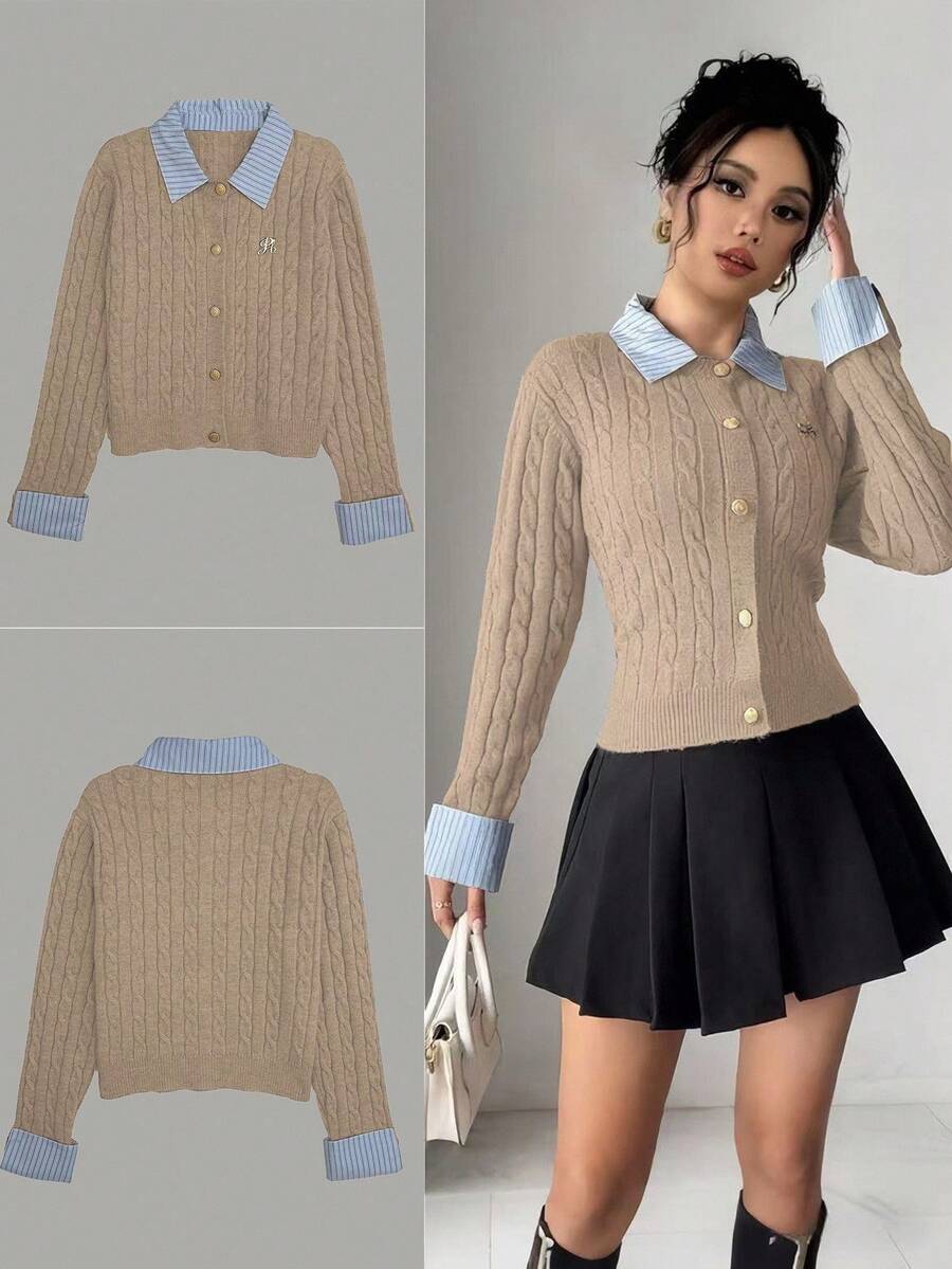 Chiquease Blogger-Inspired 2 In 1 Patchwork Knit Cropped Cardigan,Light Blue,Autumn,Elegant,School,Back-To-School European American Style Cable Ribbed Cardigan - Khaki - View 1
