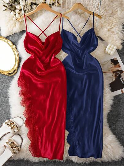 2件套女士性感蕾丝拼布开衩长裙睡衣套装