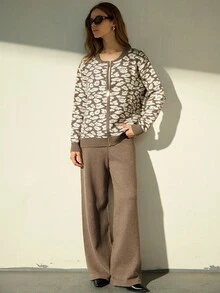 GENKIRA Leopard Print Jacquard Zip-Up Jacket And Wide Leg Floor Length Pants 2 Pieces Set - Multicolor - View 5
