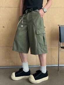 Manfinity EMRG 男士休闲纯色工装牛仔短裤，夏季 - 橄欖綠 - 查看 5