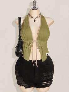 SHEIN ICON Blusa de punto negra con lazo en el cuello y espalda descubierta, talla grande, con tirantes con lazo delantero, top básico de cuello de halter estilo Y2K