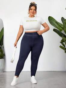 SHEIN CURVE+ Quần legging bó thun co giãn thường ngày cỡ lớn cho nữ có đường khâu lộ rõ, thoáng khí, thấm hút mồ hôi, mùa hè, Curve Plus, Hoho Vacation - Màu xanh hải quân - Xem 9