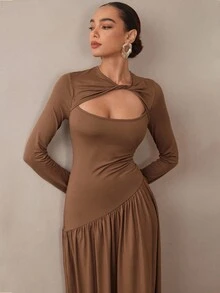 Modelyn 优雅通勤时尚褶皱修身长袖中长款打结不对称棕色连衣裙 - 棕色 - 查看 1