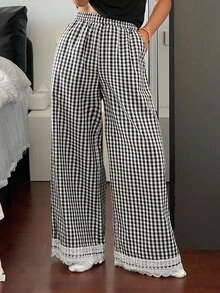 DAZY Women's Plaid Wide Leg Ruffle Trim Pajama Bottoms, Fall - Black and White - View 4