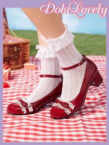 Dola Lovely Zapatos tipo Lolita con lazo decorativo, puntera redonda y tacón medio en color vino para mujer - Burdeos - Ver 2