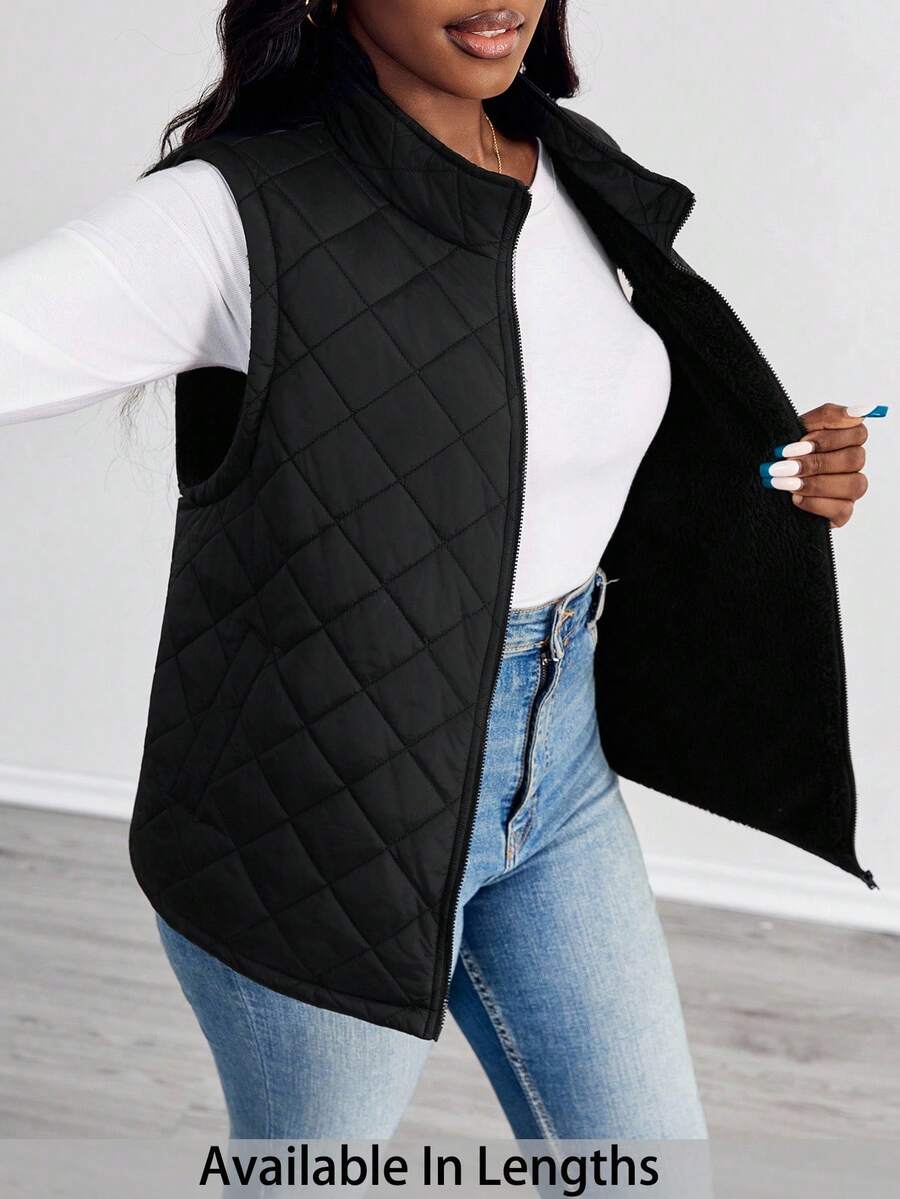 SHEIN PETITE CURVE 大码女式拉链前部保暖衬里背心夹棉外套 - 黑色 - 查看 1