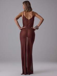 MUSERA 透视深V领宽松细肩带长裙，优雅性感，适合夜晚外出、度假、可爱酷女孩、街头风、黎明、晚宴、派对等场合。 - 棕色 - 查看 5