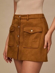 Enchnt Women's Brown And Gold Single-Breasted Cargo Pocket Mini Skirt,Elegant Fashionable Autumn Fall Clothes For Daily Commute,Date,Holiday,Office& - Brown - View 4
