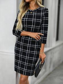 EMERY ROSE Women's Fashionable Elegant Plaid Print 3/4 Sleeve Short Dress - Black - View 4