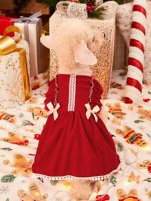PETSIN Vestido de Natal para Cachorros Pequenos - Corduroy Vermelho com Mangas Bufantes e Decoração de Laço - Vermelho - Visão 8