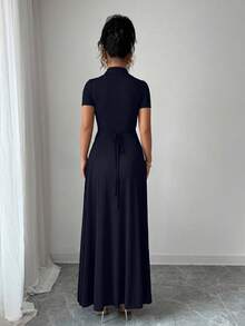 Elenzga Elegant Commuter Brown Lapel Waist Slimming Button Decor A-Line Back Bowknot Short Sleeve Maxi Dress For Women - Navy Blue - View 2