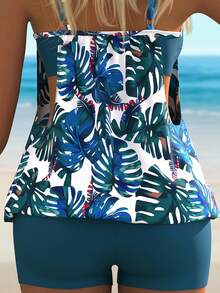 Swim Lushoire Conjunto de vacaciones a la playa con top de bikini de tirantes con estampado aleatorio y shorts de unicolor para mujer - Verde - Ver 5