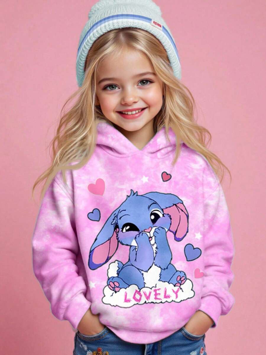 SHEIN Áo nỉ dài tay có mũ, dáng rộng, thoải mái, họa tiết thỏ xanh hoạt hình dễ thương dành cho bé gái, nhuộm hồng tươi tắn, thích hợp mặc hàng ngày, phù hợp cho mùa thu/đông, mùa thu để dễ chịu, mặc nhiều lớp, thời trang, trang phục thường ngày, họa tiết bắt mắt, mùa tựu trường, mùa thu, lễ hội. - Nhiều màu - Xem 1