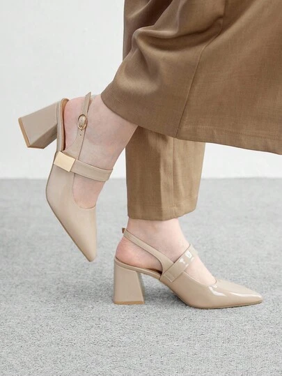 CUCCOO BIZCHIC Women's Fashion Apricot Color Metal Buckle Decor Chunky Heels Pumps, Classic Minimalist Design For Commuting, Dating, Party, Holiday, Wedding For Christmas