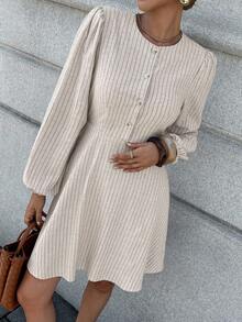 Chiquease French Style Round Neck Button Front Cotton Striped Lantern Sleeve Dress For Women Fall Cloth For Women - Apricot - View 5