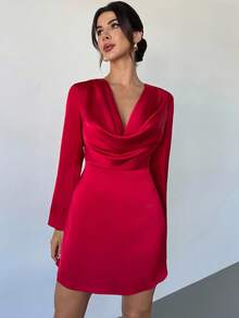 Firerie 女士新款优雅派对和圣诞婚礼宾客礼服，红色缎面绉纱低胸垂坠领长袖修身迷你连衣裙，秋季时尚，女士婚礼宾客礼服，外出装 - 紅色 - 查看 5