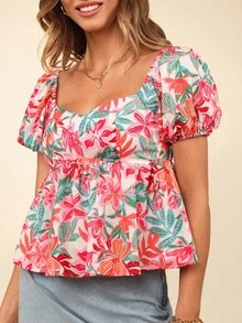 SHEIN VCAY Koszula damska z krótkim rękawem i dekoltem w serduszko, z nadrukiem kwiatowym, z nadrukiem bąbelkowym, na lato, dla kobiet - Różowy - Zobacz 4