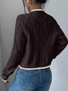 Selianne 女士法式休闲百搭菱形纹理长袖针织开衫 - 咖啡棕 - 查看 3