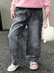 SHEIN Explorewe Girls' Fashionable Casual Heart Embroidery Loose Straight Leg Jeans Fall Winter Girls Heart Jeans Girls Embroidered Jeans - Black - View 7