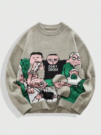 Street Life Men's Casual Cartoon Pattern Crew Neck Long Sleeve Sweater, Autumn