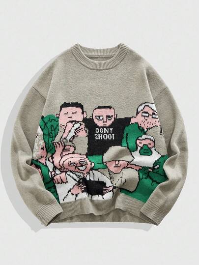 Street Life Men's Casual Cartoon Pattern Crew Neck Long Sleeve Sweater, Autumn