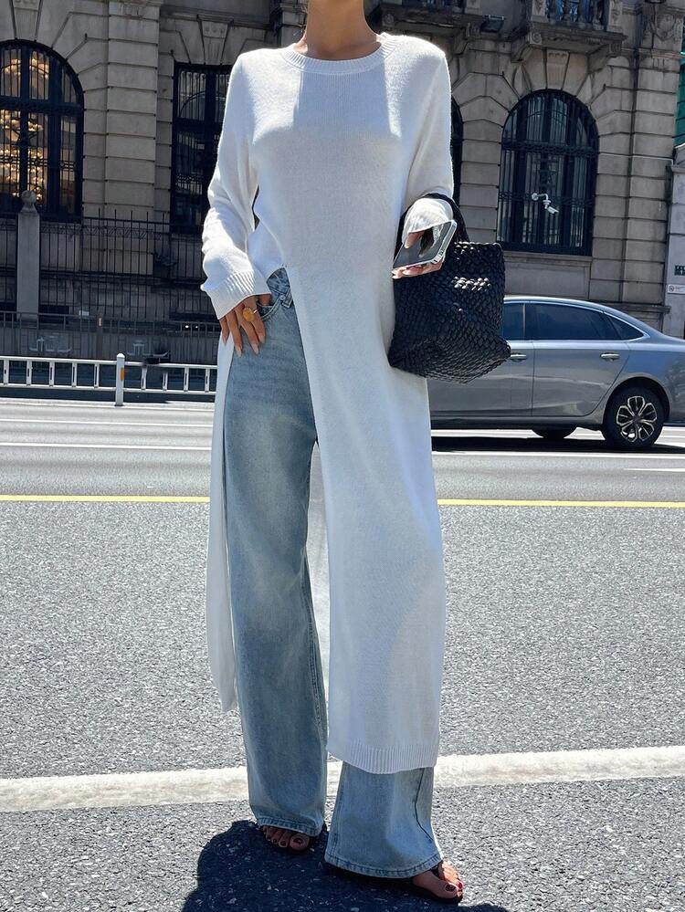 DAZY レディース ルーズ 長袖 裾スリット ロングセーター ニットトップス - ホワイト - 見る 2