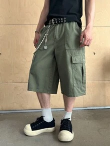 Manfinity EMRG 男士休闲纯色工装牛仔短裤，夏季 - 橄欖綠 - 查看 3