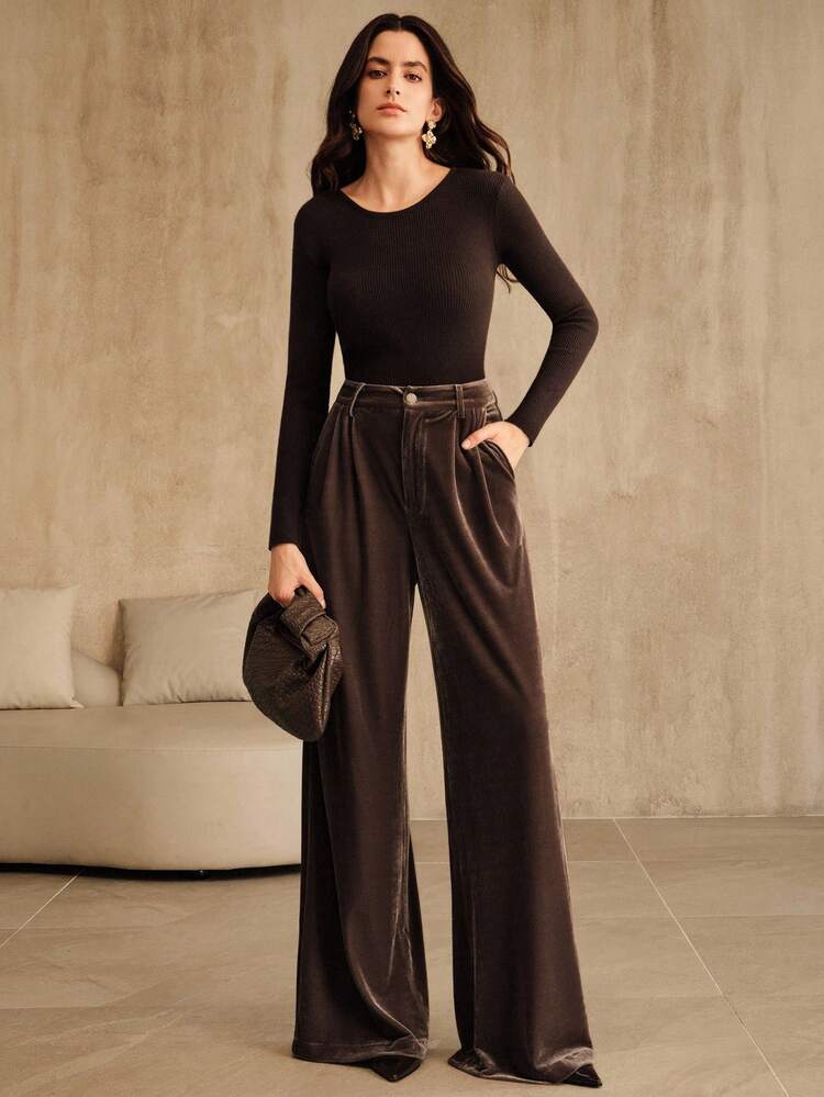 Elegant Loose Fit Velvet Wide Leg Pants, Chic Business, Spring Casual