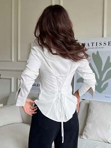 SHEIN EZwear 女士翻领长款休闲简约蝴蝶结印花百搭修身性感复古衬衫，适合秋冬季节、办公室穿着，白色衬衫 - 白色 - 查看 2