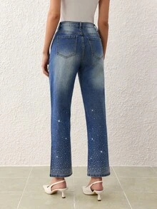 SHEIN Essnce Women's Casual Washed Rhinestone Flare Jeans - Blue - View 2