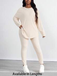 SHEIN PETITE CURVE Bộ 2 áo dài tay màu trơn cỡ lớn và quần dài - Màu be - Xem 1