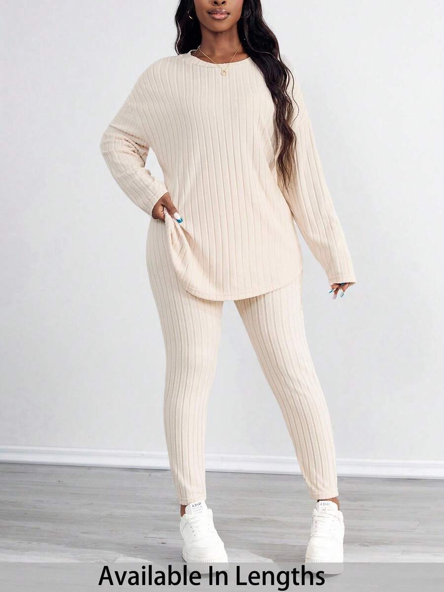 SHEIN PETITE CURVE Bộ 2 áo dài tay màu trơn cỡ lớn và quần dài - Màu be - Xem 1
