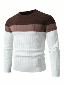 Calvornis Men's Contrast Color Crew Neck Long Sleeve Sweater, Casual Everyday Wear, Fall Winter - Multicolor - View 6