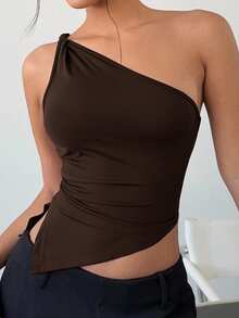 Siren Gaze 情人节扭纹单肩上衣 女士优雅修身上衣 - 棕色 - 查看 11