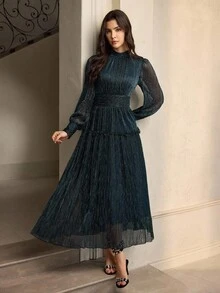 ZEYLAH 女式立领长袖亮面褶腰A字连衣裙，优雅秋冬装 - 藍色 - 查看 6