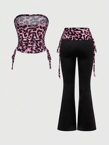 ROMWE Spring/Summer Valentine's Day 2pcs Women's Sexy Outfit - Rhinestone Letter & Leopard Print Strapless Crop Top And Drawstring Pants Set - Pink - View 2