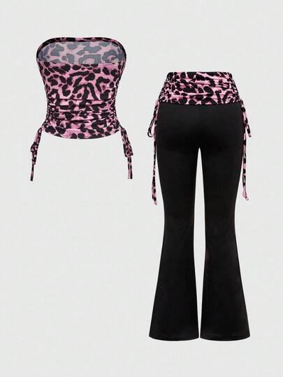 2pcs Women's Sexy Outfit - Rhinestone Letter & Leopard Print Strapless Crop Top And Drawstring Pants Set